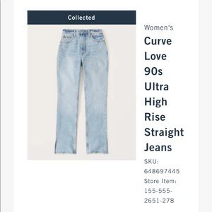 Abercrombie & Fitch curve love, 90s straight ultra high rise, split hem jeans